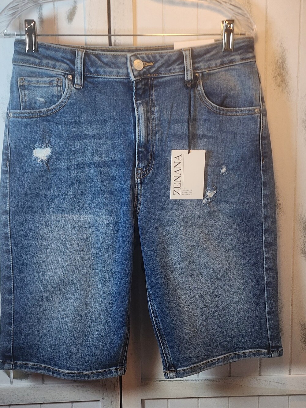 Zenana High-Rise Denim Distressed Bermuda Shorts - Picture 4 of 10